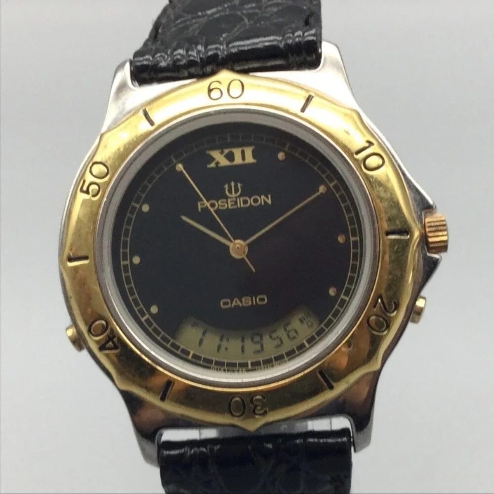 Vintage Casio Poseidon Mens Watch 37mm Black Dial 388 PMW-500 New Battery